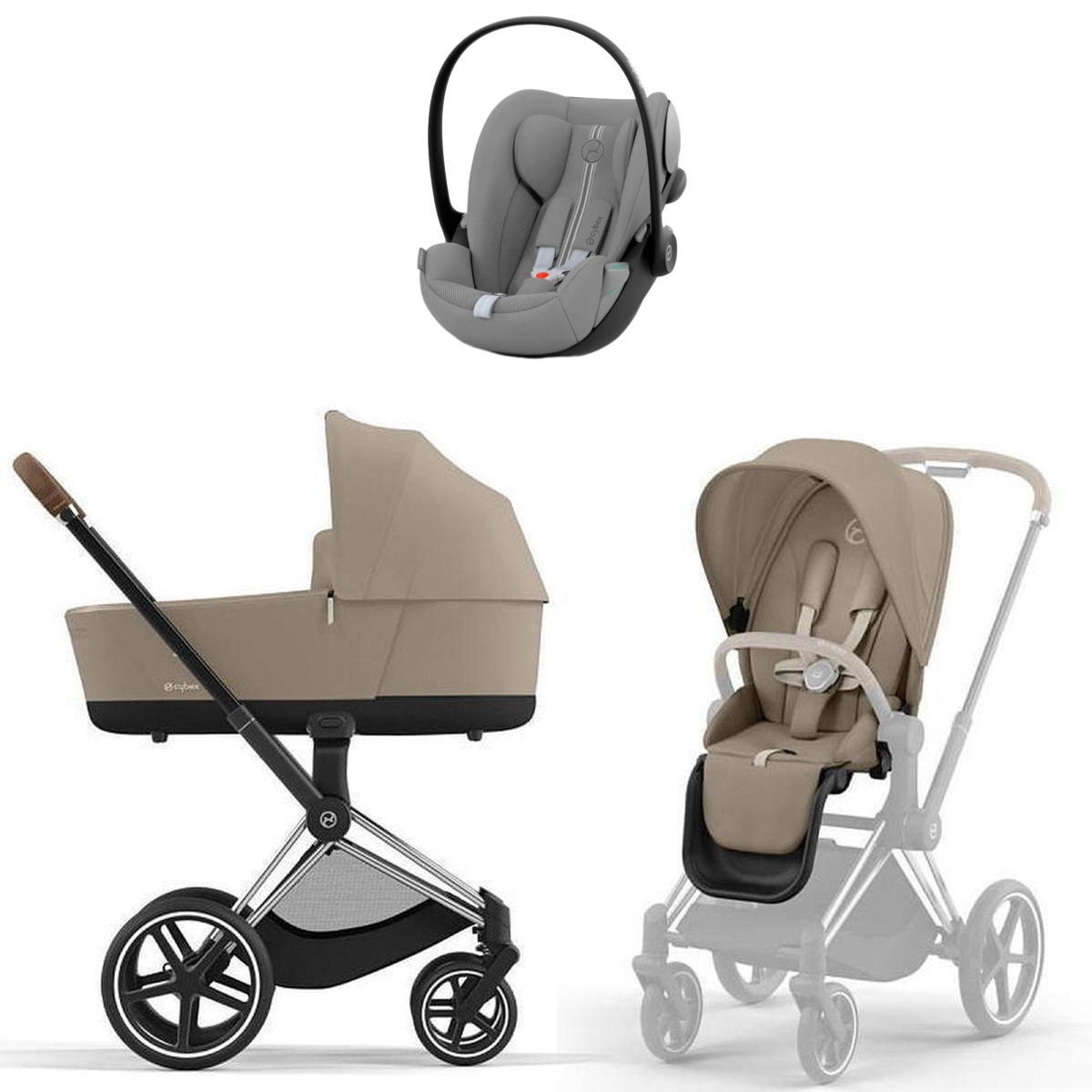 Коляска Cybex Priam IV Chrome Brown complete и автокресло Cloud G i-Size Stone Grey Plus 3 в 1 Cozy Beige