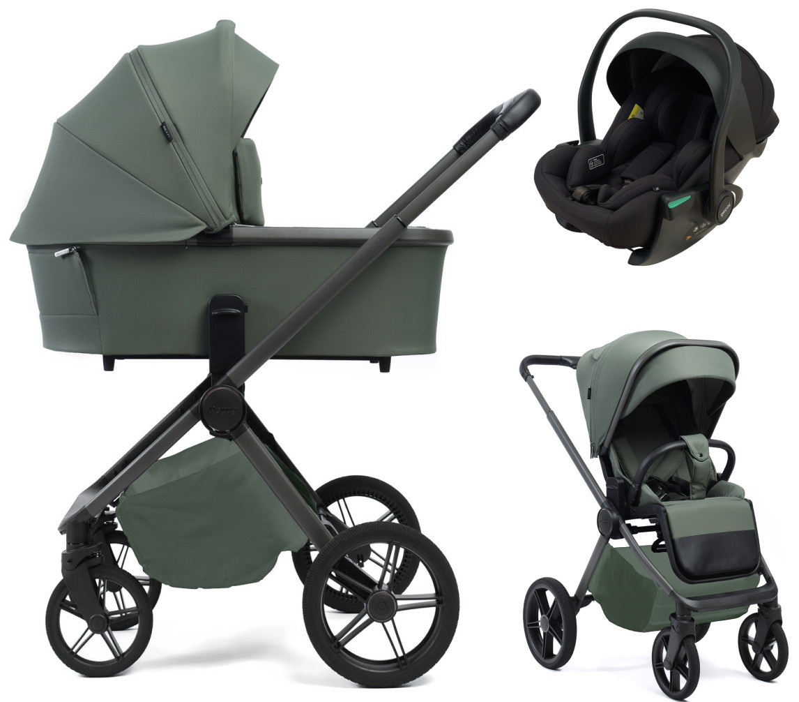 Детская коляска Peppy Monaco Plus 3 в 1 с автокреслом Jet Black Oliva Green (зеленый), рама серая