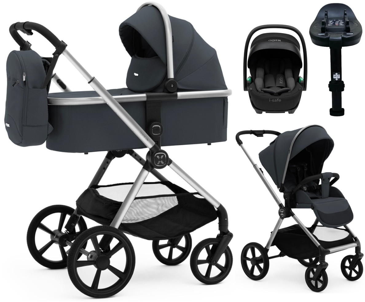 Коляска Agex Life 4 в 1 хромированная рама с автокреслом i-Safe S Black и базой ALM606 Midnight Grey (Темно-серый)