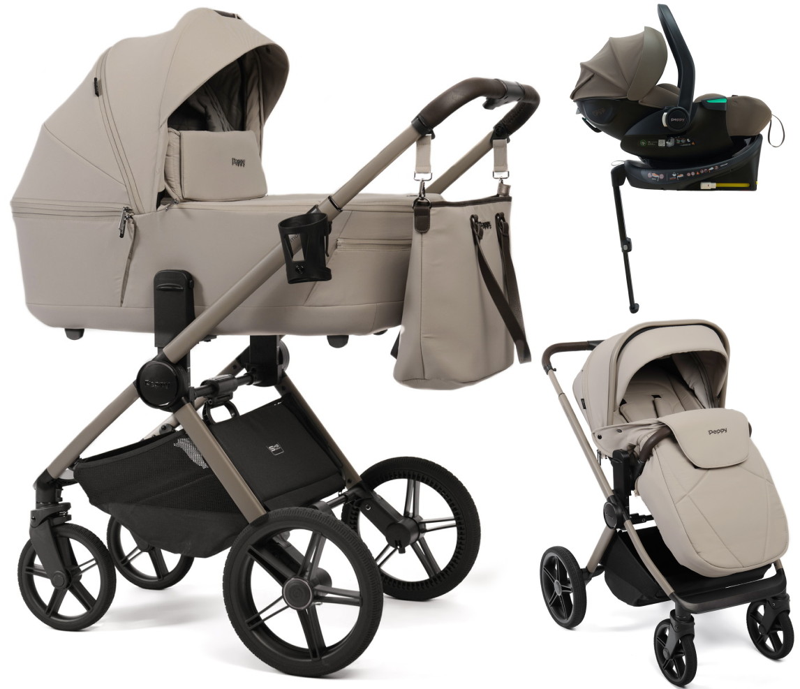 Детская коляска Peppy Monaco Thermo 4 в 1 с автокреслом Jet Brown и базой Latte (бежевый), рама бежевая