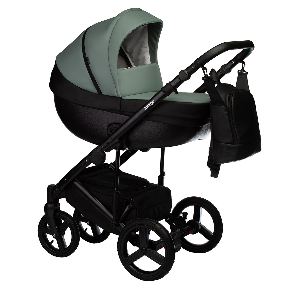 Детская коляска Indigo Tour Eco 2 в 1 Te03 черная кожа+шалфей кожа