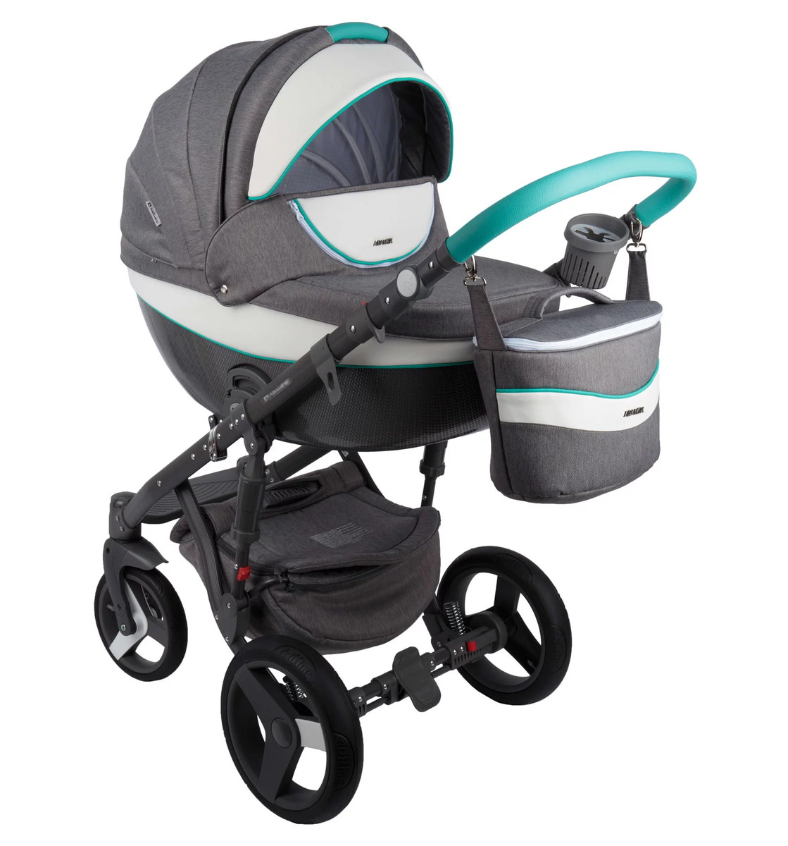 Детская коляска Adamex Monte Carbon 2 в 1 D02 (СЕР+БЕЛ.КОЖА+MINT КОЖА)