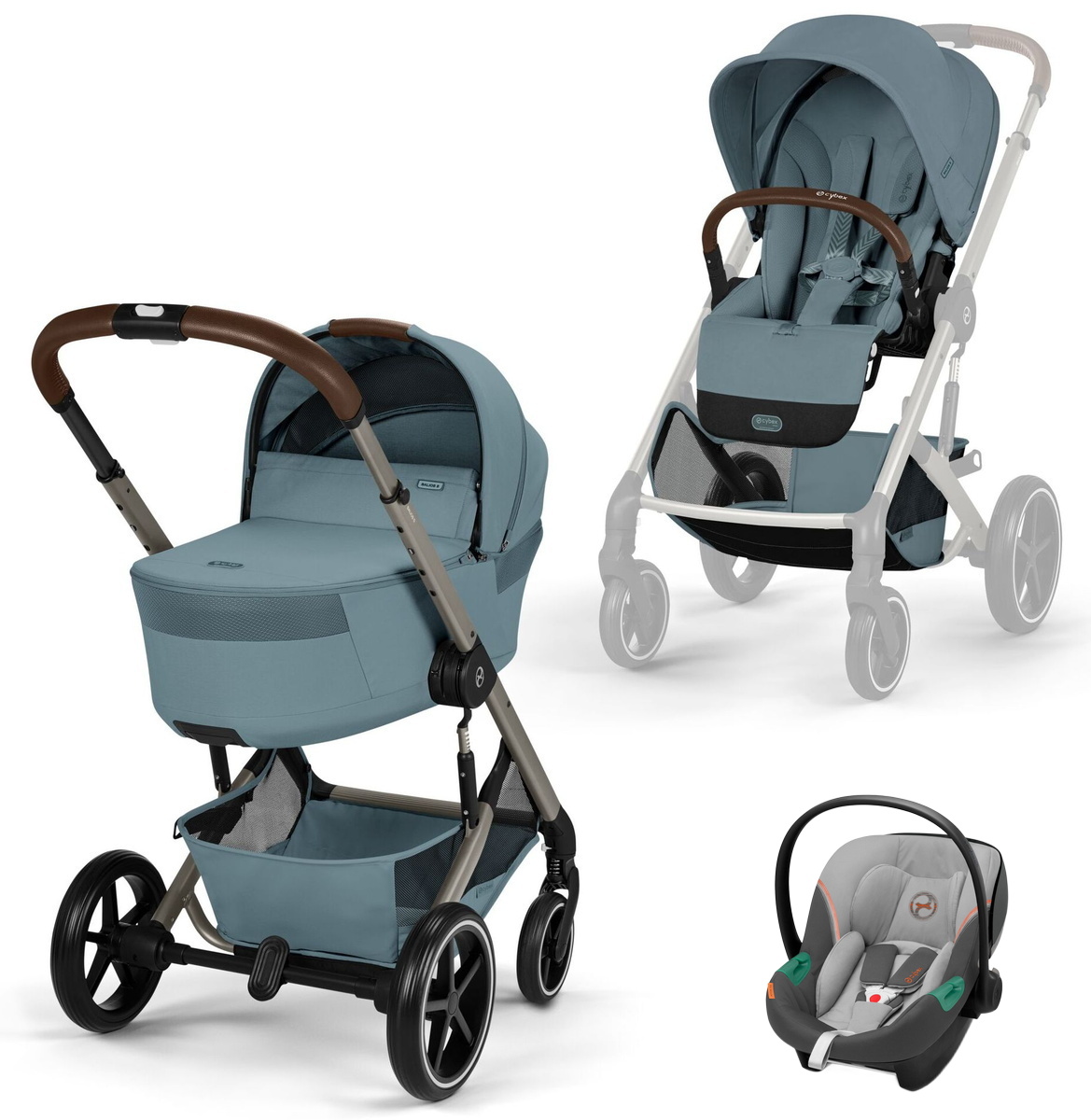 Коляска Cybex Balios S Lux Fold Cot TPE Aton S2 Lava Grey 3 в 1 Stormy Blue с дождевиками
