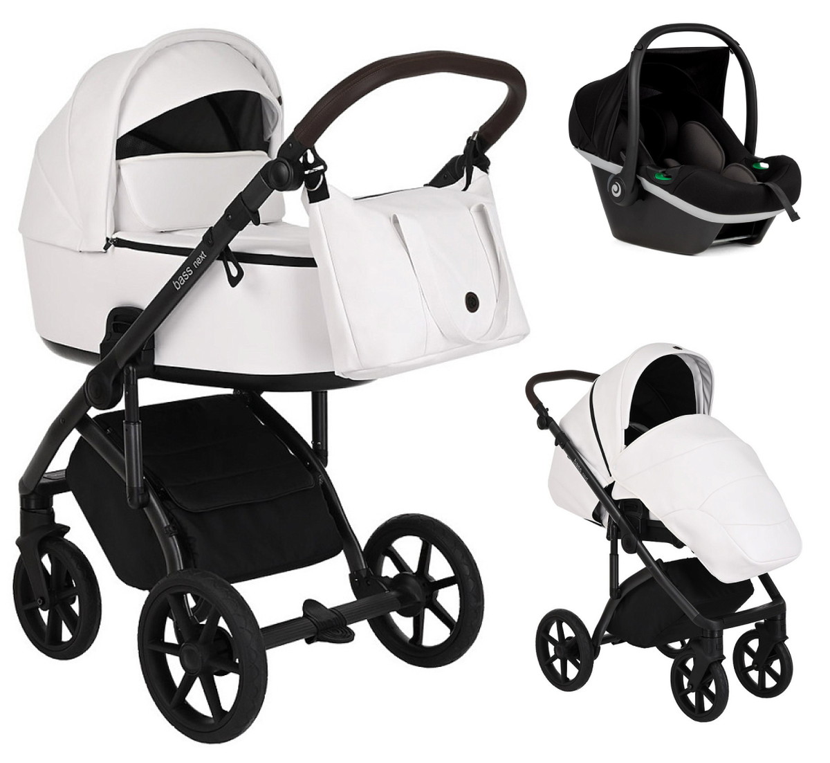 Детская коляска Roan Bass Next Кожа 3 в 1 с автокреслом Tutis Elo Black RN081/1 White
