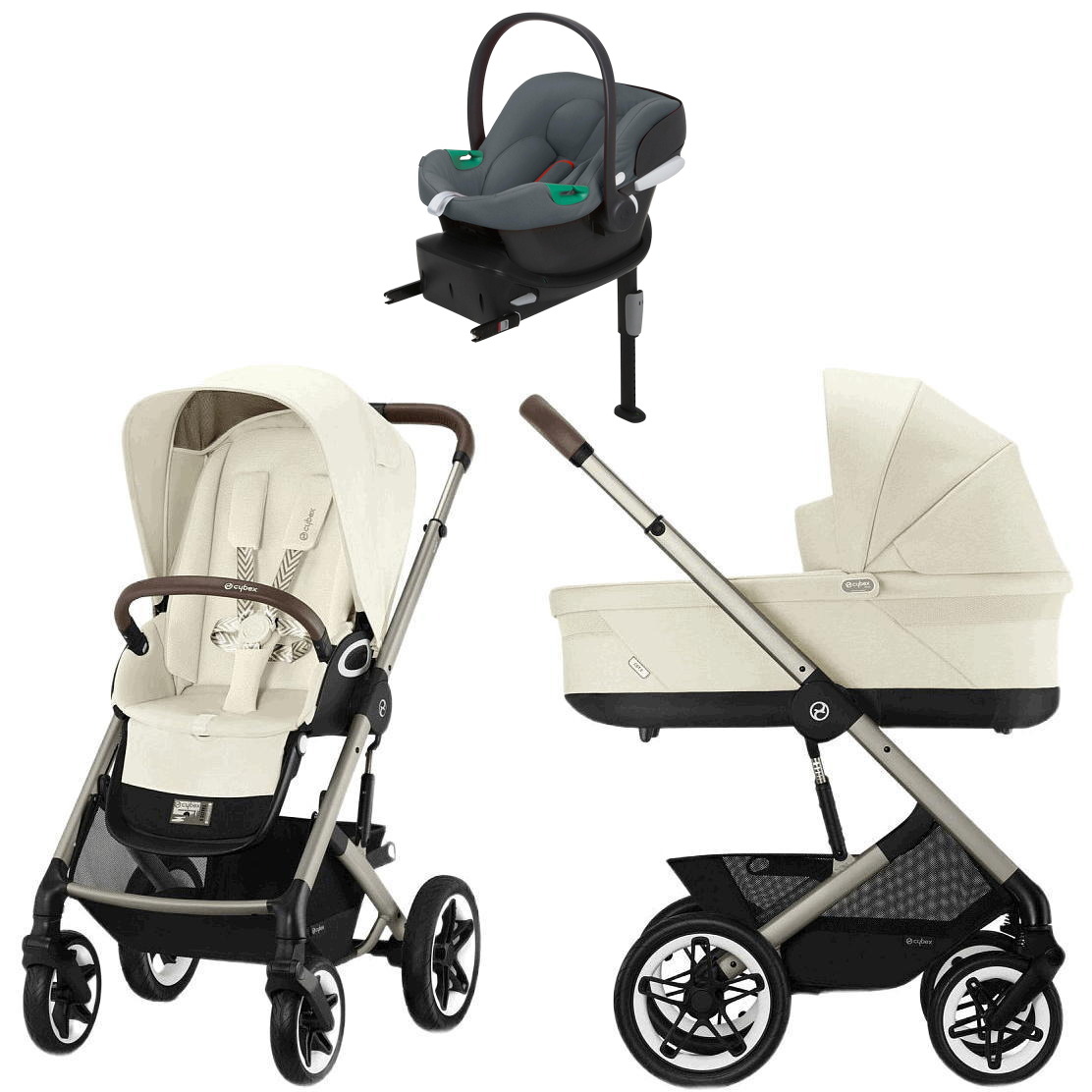 Коляска Cybex Talos S Lux TPE complete Aton B2 Steel Grey Base One 4 в 1 Seashell Beige с дождевиками