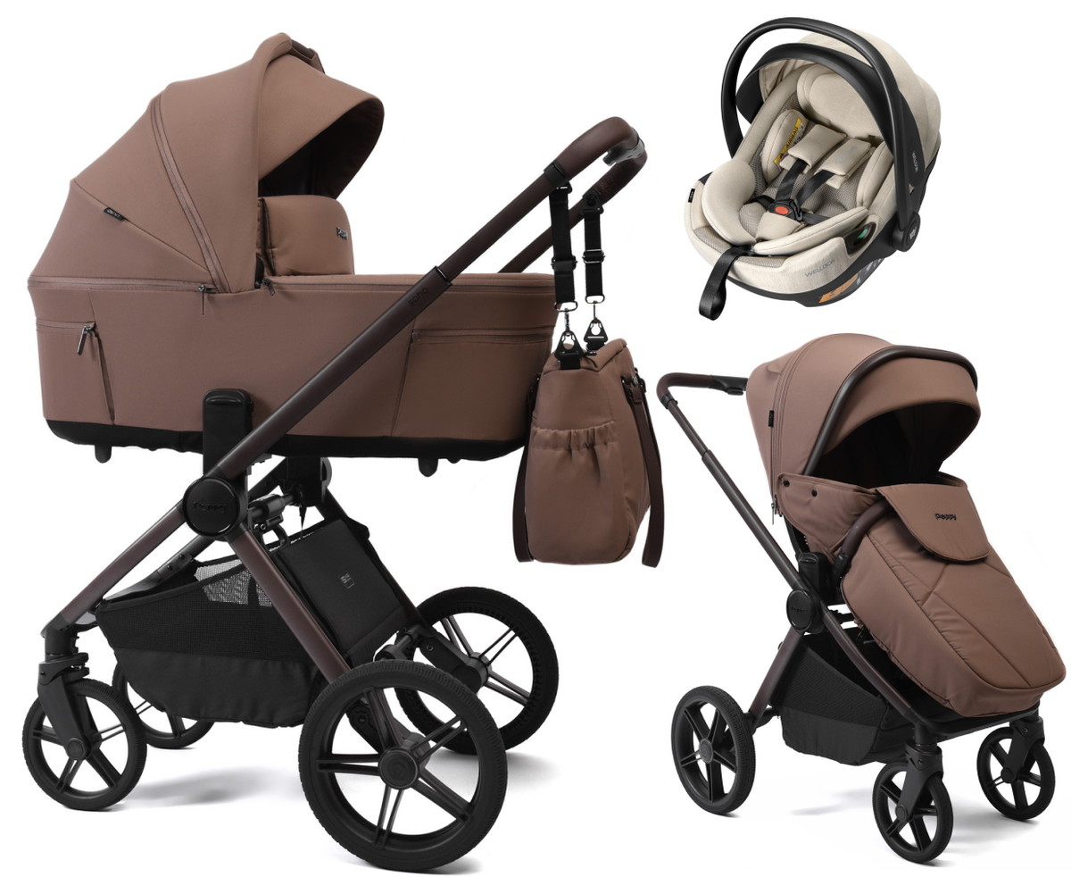Детская коляска Peppy Soho 3 в 1 с автокреслом Welldon Crown 2 Beige Cappuccino (капучино) рама шоколад