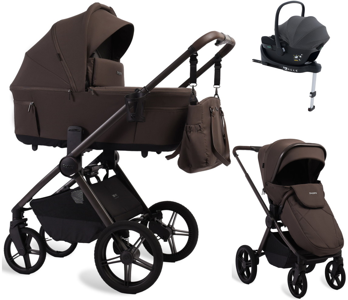 Детская коляска Peppy Soho 4 в 1 с автокреслом Jovikids Aria Black и базой Brown (коричневый), рама серо-бежевый