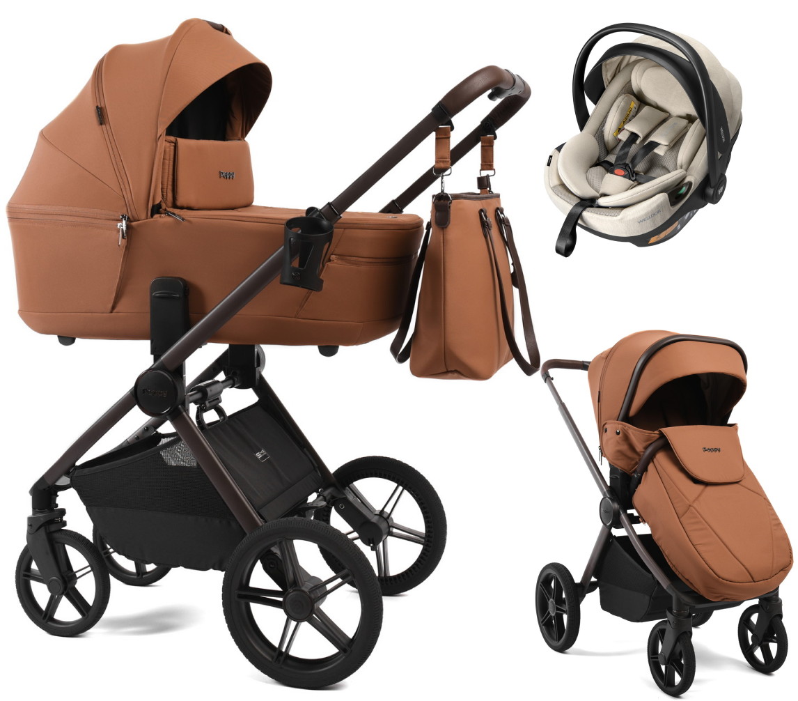 Детская коляска Peppy Monaco Thermo 3 в 1 с автокреслом Welldon Crown 2 Biscuit (бисквит), рама серо-коричневая