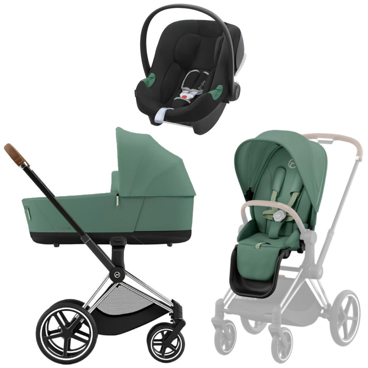 Коляска 3 в 1 Cybex Priam IV Chrome Brown complete и автокресло Aton B2 i-Size Volcano Black Leaf Green