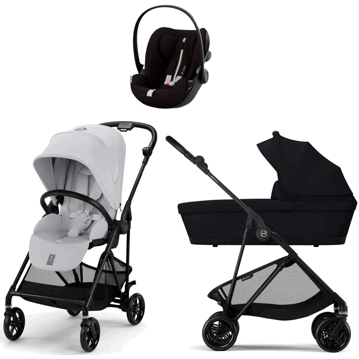 Коляска Cybex Melio Carbon Cloud G i-Size Moon Black Plus 3 в 1 Fog Grey/Magic Black с дождевиками