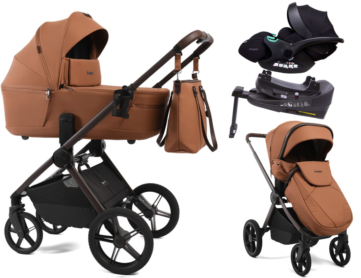 Детская коляска Peppy Monaco Thermo 4 в 1 с автокреслом Verona Black и базой Biscuit (бисквит), рама серо-коричневая