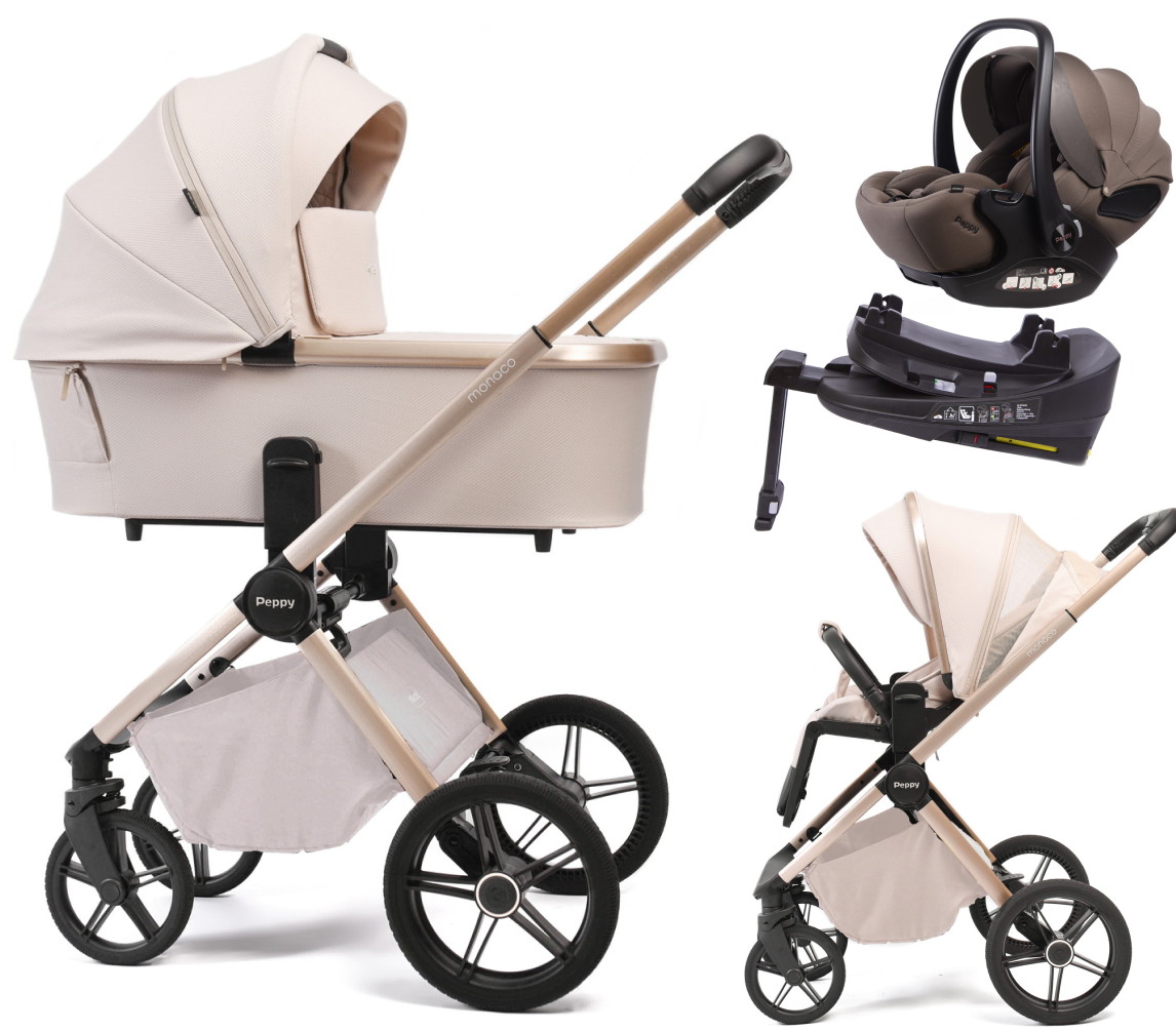 Детская коляска Peppy Monaco Plus 4 в 1 с автокреслом Verona Brown и базой Beige (бежевый), рама беж, шлифованный алюминий