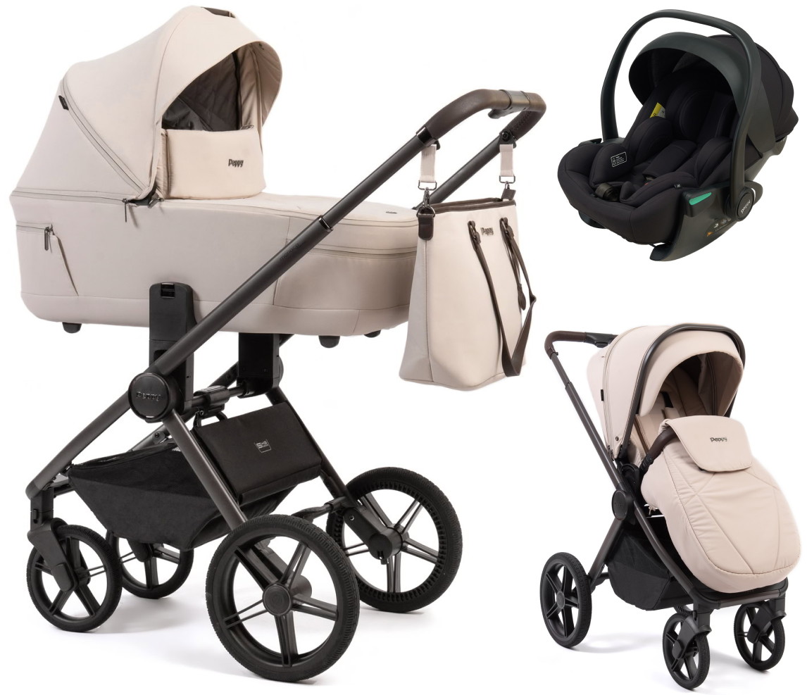 Детская коляска Peppy Monaco Thermo 3 в 1 с автокреслом Jet Black Beige (молочный), рама серо-коричневая