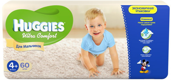 Подгузники Huggies Ultra Comfort (4+) мега для мальчика 10-16 кг 60 шт