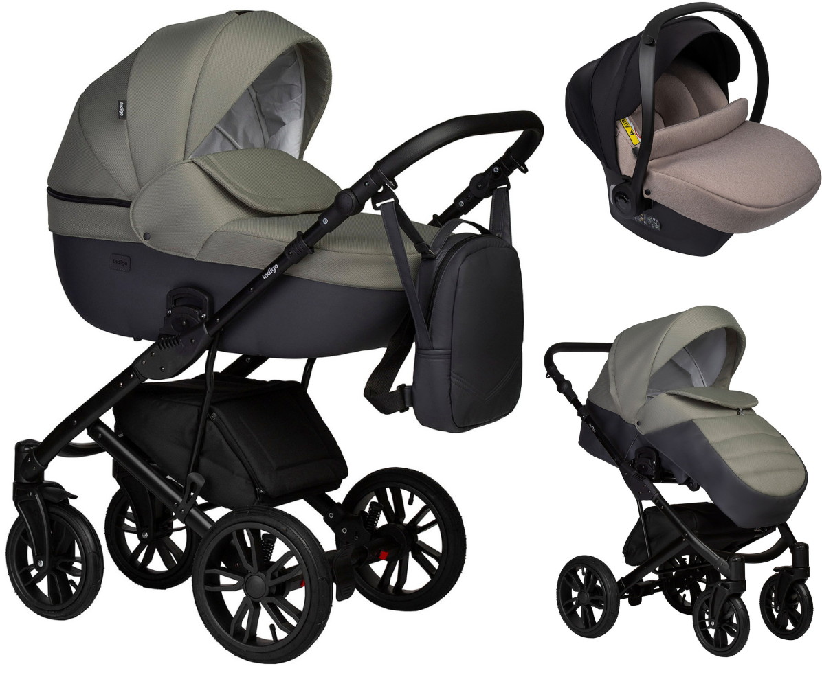 Детская коляска Indigo Mio S 3 в 1 с автокреслом Avionaut Cosmo Beige 05 т.серая кожа+зеленый