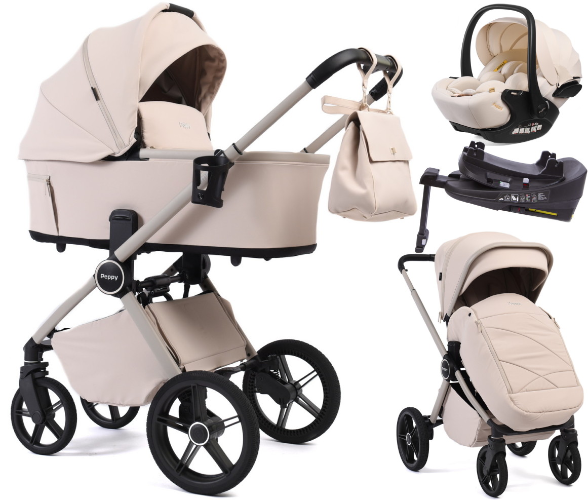 Детская коляска Peppy Monaco Plus 4 в 1 с автокреслом Verona Beige и базой Cream (кремовый), рама бежевая
