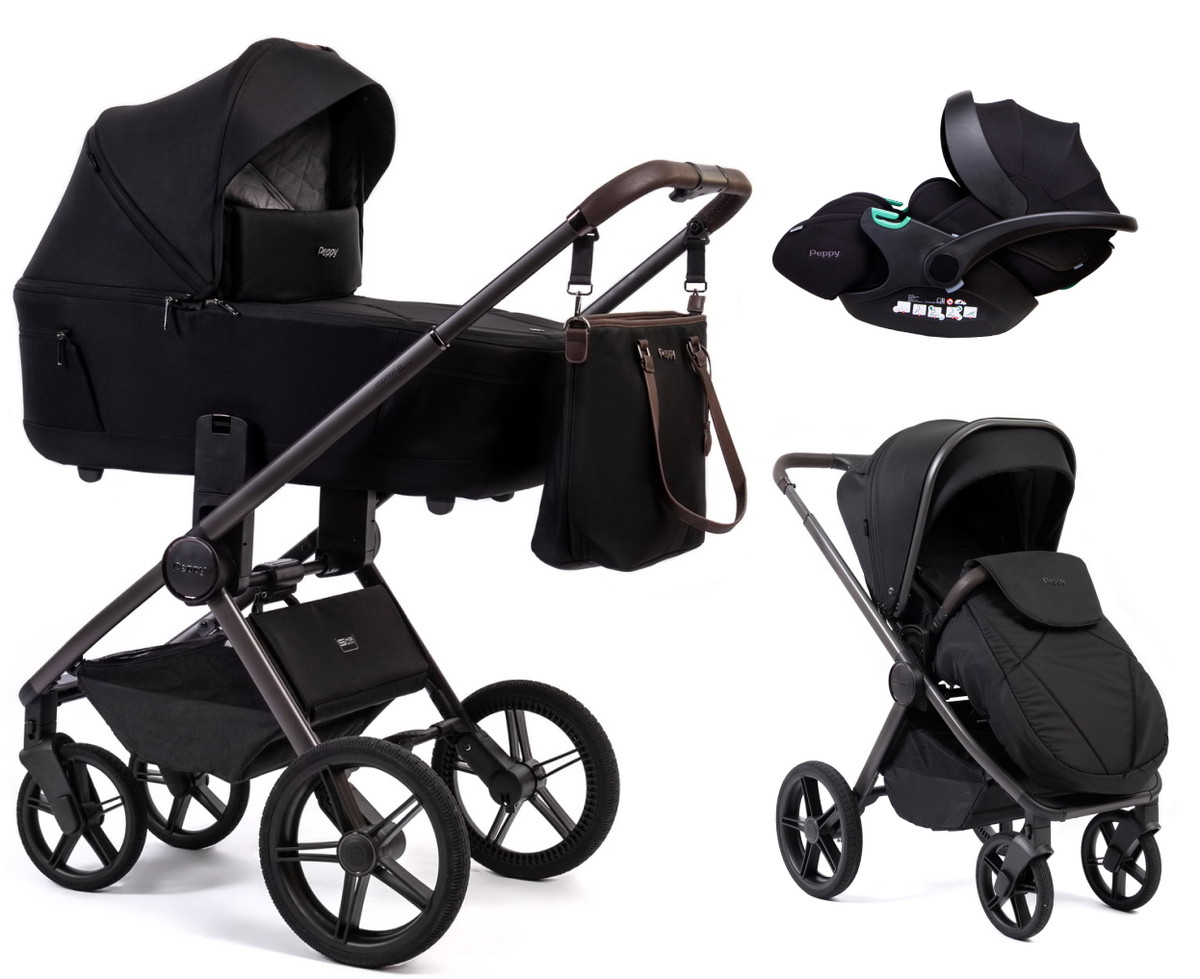 Детская коляска Peppy Monaco Thermo 3 в 1 с автокреслом Verona Black Black (черный), рама серо-коричневая