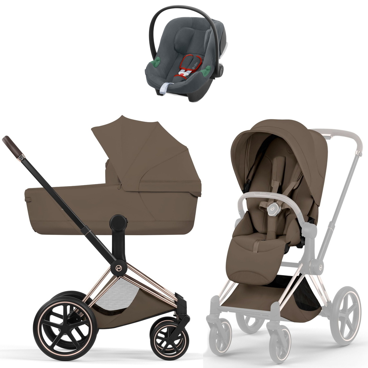 Коляска Cybex Priam V Rosegold Style Aton B2 Steel Grey 3 в 1 Coconut Brown