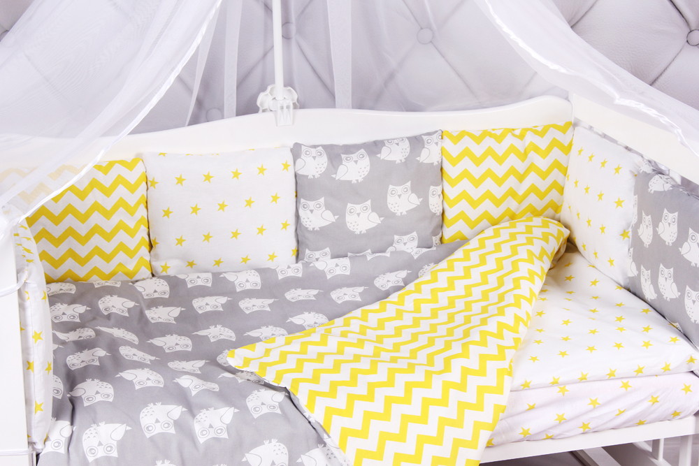 Комплект в кроватку AmaroBaby Совята Premium 18 предметов желтый/серый