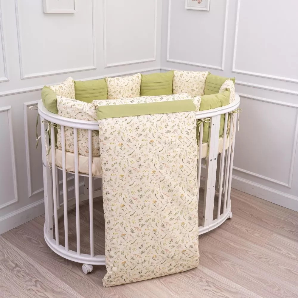 Комплект в кровать Lappetti Летняя история для овальной кроватки 6 предметов оливковый
