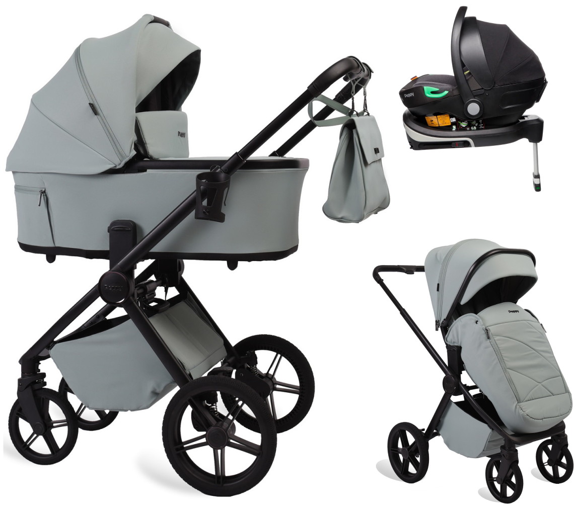 Детская коляска Peppy Monaco Plus 4 в 1 с автокреслом First Black и базой Mint (мятный), рама черная