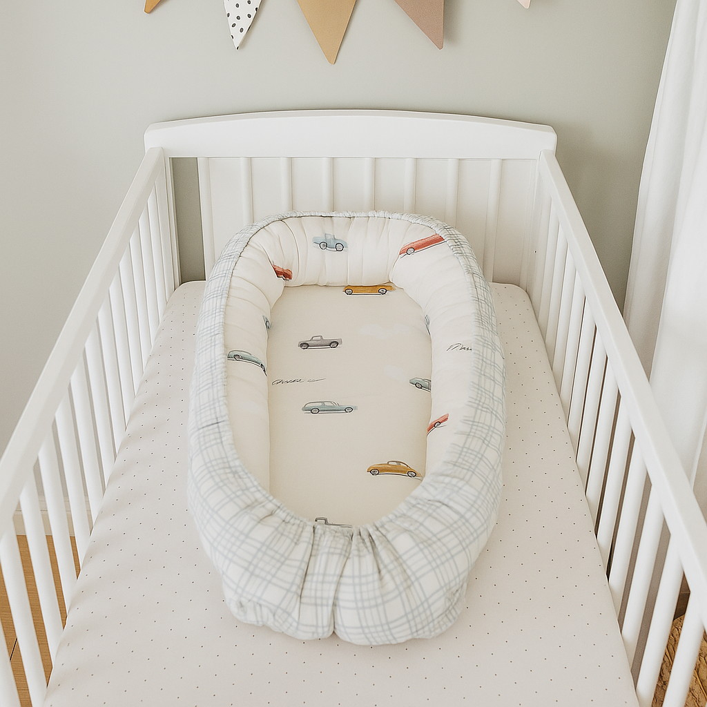 Подушка-гнездышко Lappetti Маленький гонщик серо-голубой