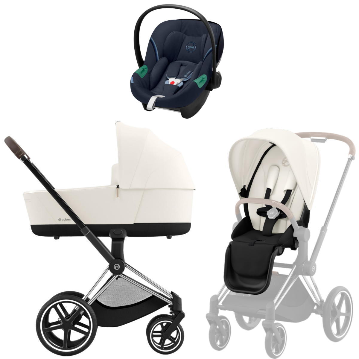 Коляска 3 в 1 Cybex Priam IV Chrome Brown complete и автокресло Aton S2 i-Size Ocean Blue Off White