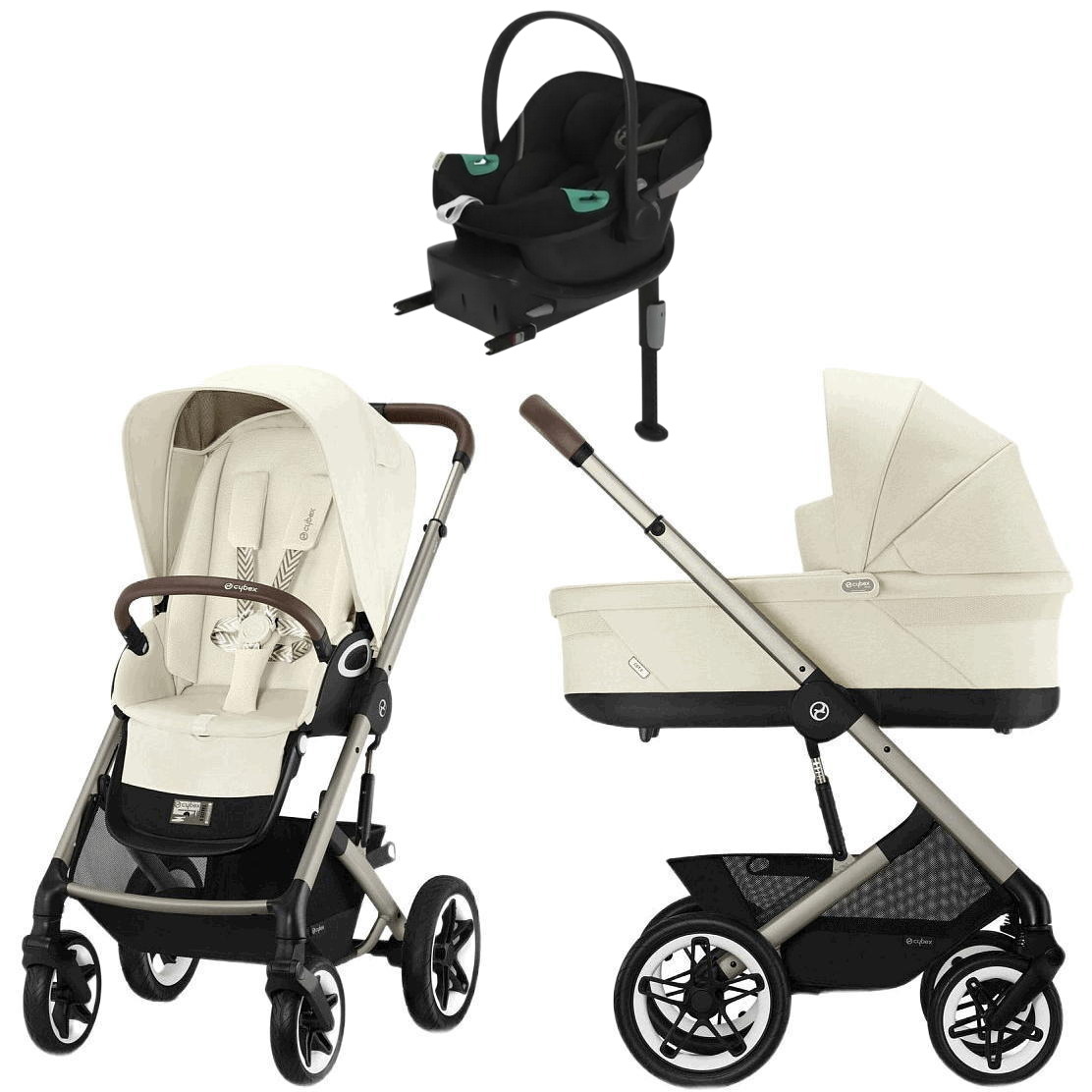 Коляска Cybex Talos S Lux TPE complete Aton S2 Moon Black Base One 4 в 1 Seashell Beige с дождевиками