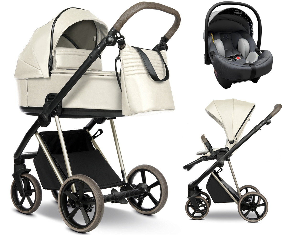 Детская коляска Roan Sol Vintage Luxury Leather 3 в 1 с автокреслом Tutis Elo Lux EduSky Grey VEGA01DB Butter Cream/Champagne/руч.Cappuccino