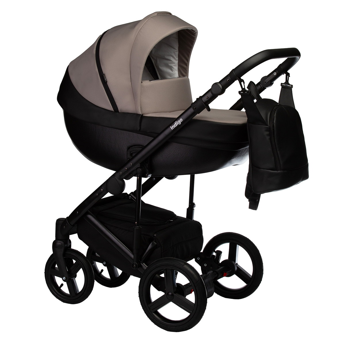Детская коляска Indigo Tour Eco 2 в 1 Te09 черная кожа+серо-бежевый