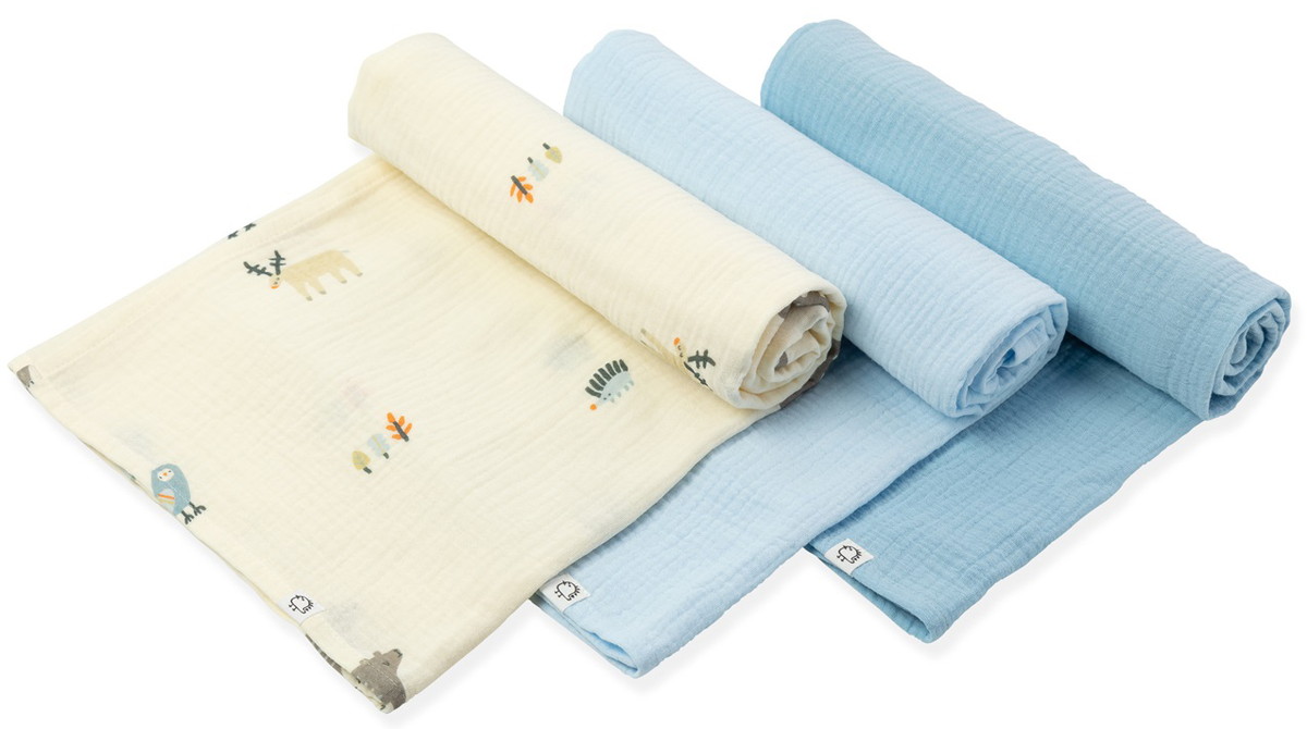 Пелёнки муслиновые Buba Kids, 3 шт, 75х75 см BKMUSSW10 Таёжная ночь/ нежно-голубой/ синяя пастель