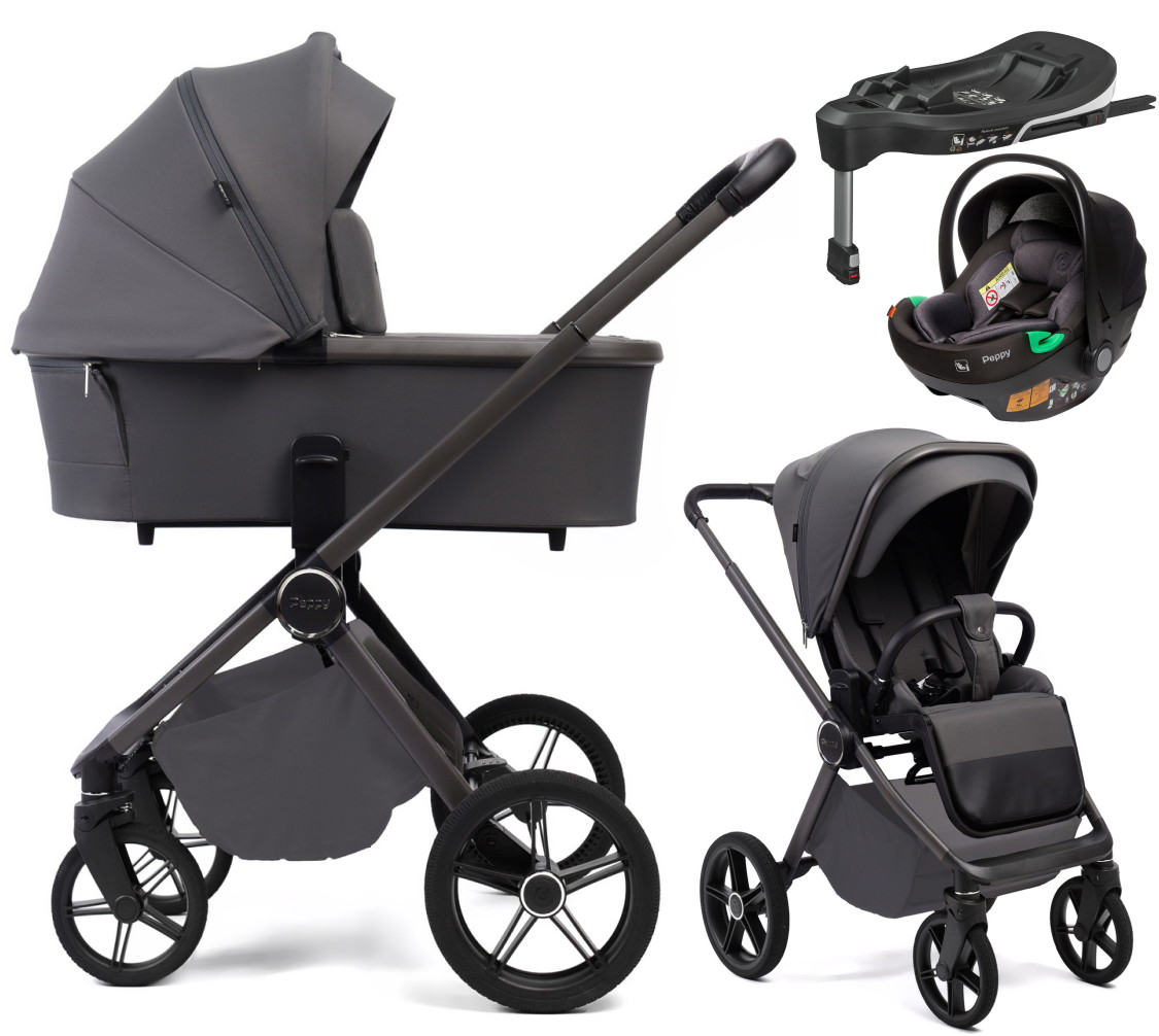 Детская коляска Peppy Monaco Plus 4 в 1 с автокреслом First Black и базой Antrazit (графитовый), рама серая