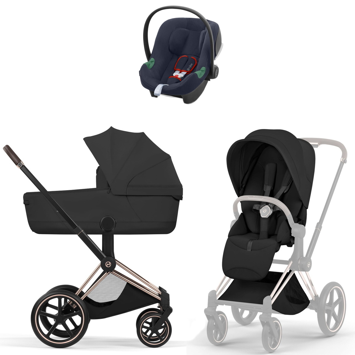Коляска Cybex Priam V Rosegold Style Aton B2 Bay Blue 3 в 1 Sepia Black
