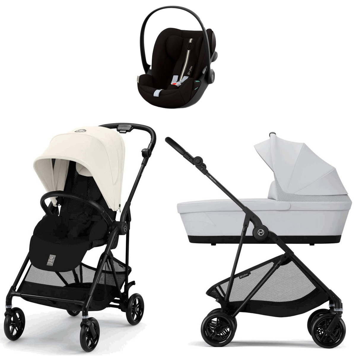 Коляска Cybex Melio Carbon Cloud G i-Size Moon Black Plus 3 в 1 Canvas White с дождевиком/Fog Grey