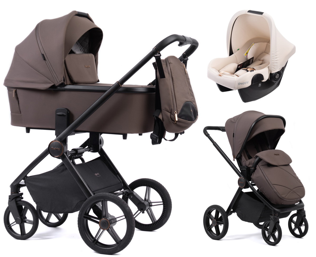 Детская коляска Peppy Monaco 3 в 1 с автокреслом Rise Milk Brownie коричневый, рама черная