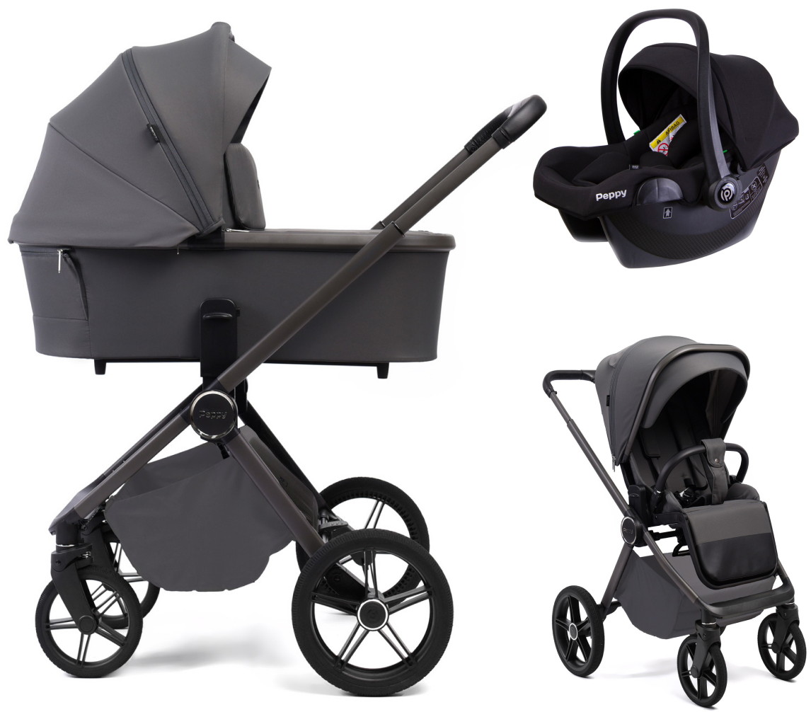 Детская коляска Peppy Monaco Plus 3 в 1 с автокреслом Rise Black Antrazit (графитовый), рама серая