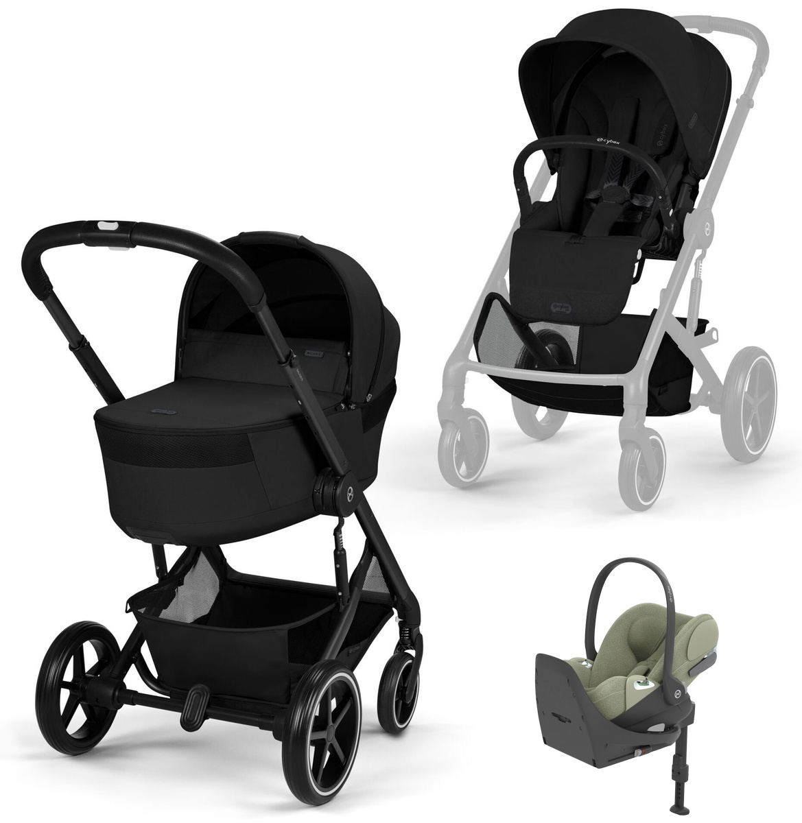 Коляска Cybex Balios S Lux Fold Cot BLK Cloud T Sage Green Plus Base T 4 в 1 Moon Black с дождевиками