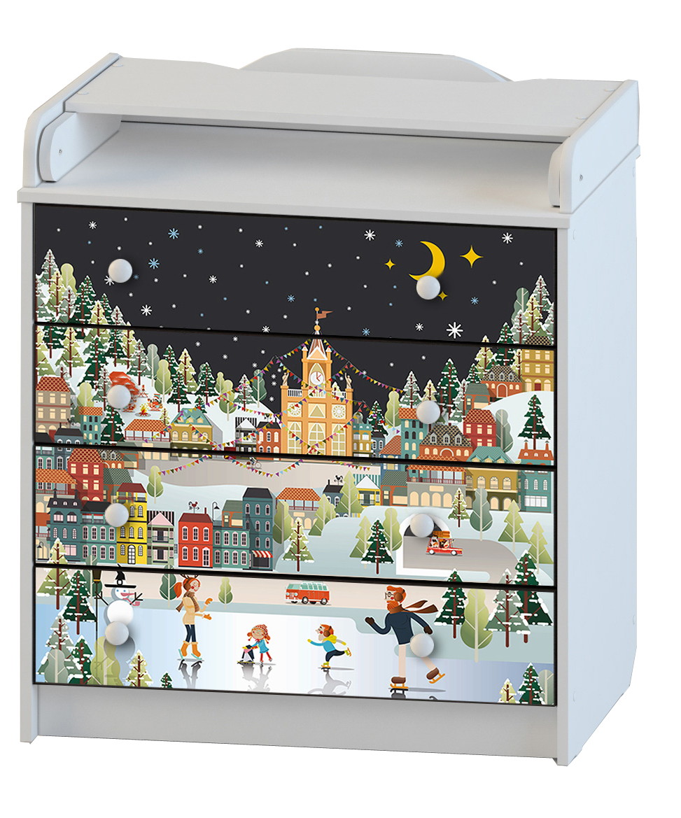 Детский пеленальный комод Атон М ПВХ Кристалл-8 с декором 4 ящика Зимний Городок белый