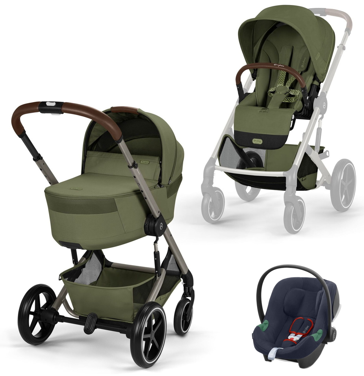 Коляска Cybex Balios S Lux Fold Cot TPE Aton B2 Bay Blue 3 в 1 Moss Green с дождевиками