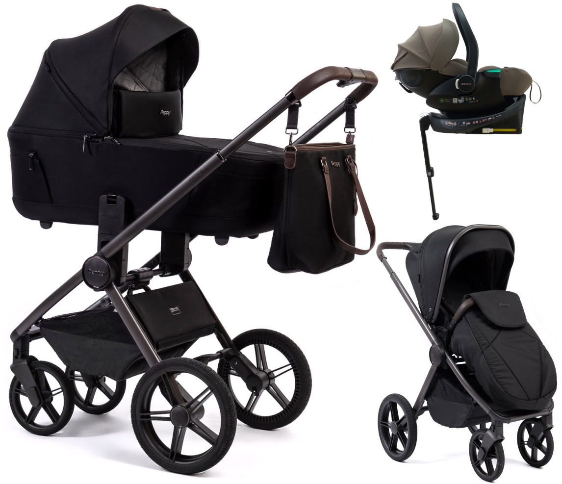 Детская коляска Peppy Monaco Thermo 4 в 1 с автокреслом Jet Brown и базой Black (черный), рама серо-коричневая