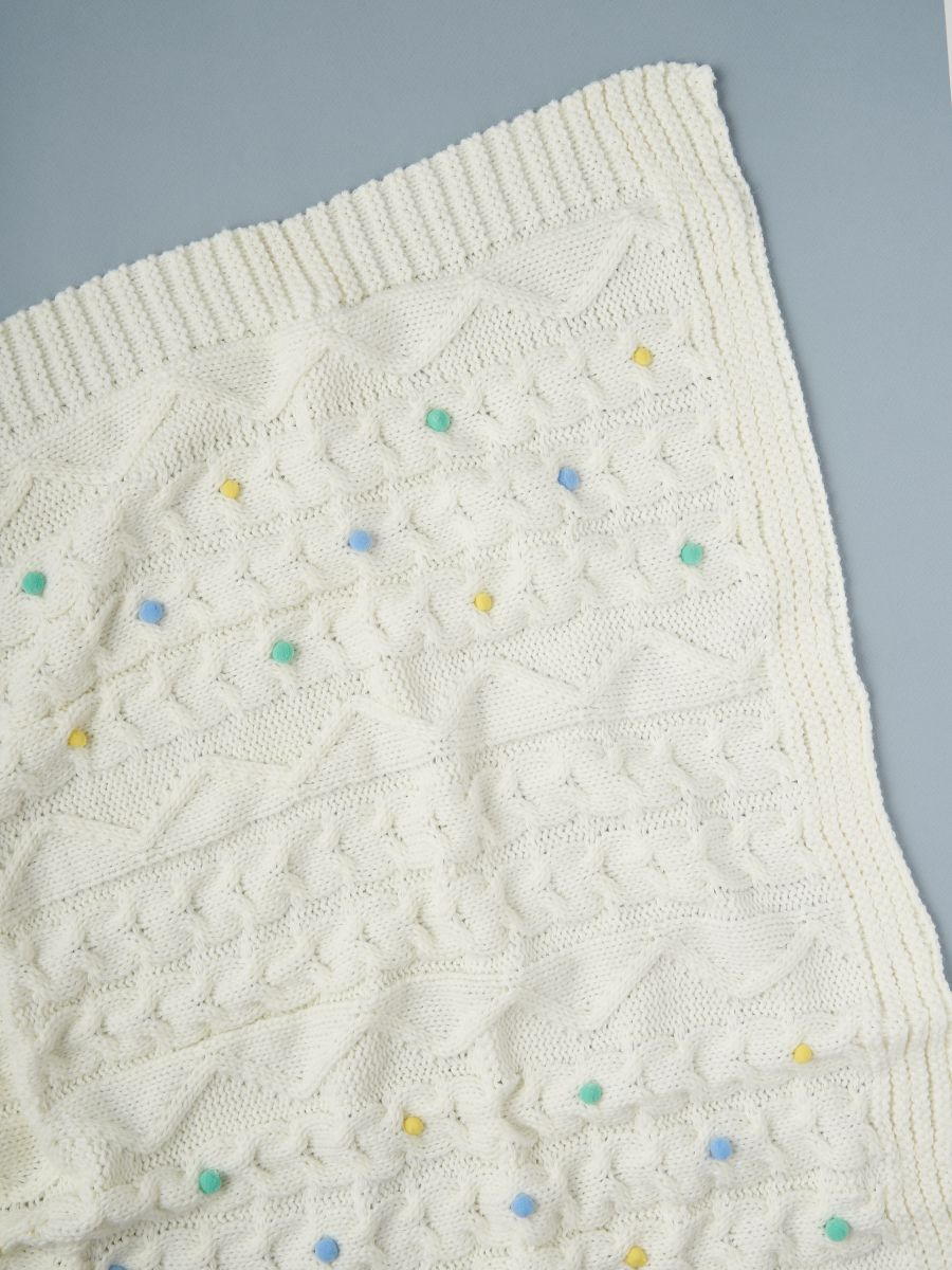 Плед вязаный Little Star с бубенчиками 90х90 см 0435 cream-blue