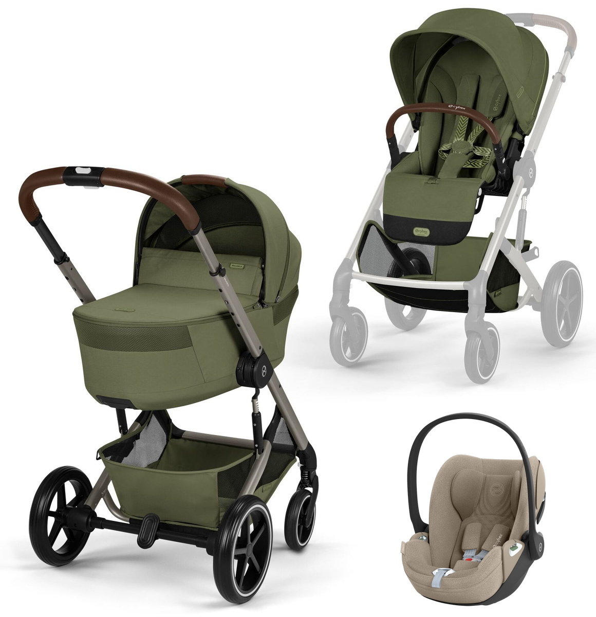 Коляска Cybex Balios S Lux Fold Cot TPE Cloud T Cozy Beige Plus 3 в 1 Moss Green с дождевиками