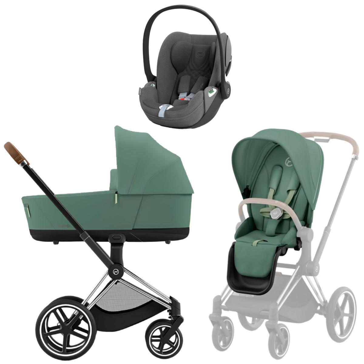 Коляска 3 в 1 Cybex Priam IV Chrome Brown complete и автокресло Cloud T i-Size Mirage Grey Plus Leaf Green