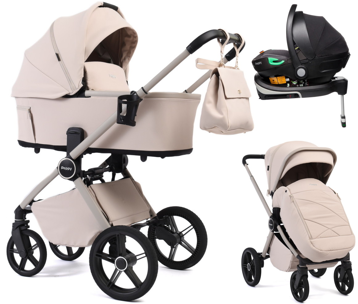 Детская коляска Peppy Monaco Plus 4 в 1 с автокреслом First Black и базой Cream (кремовый), рама бежевая