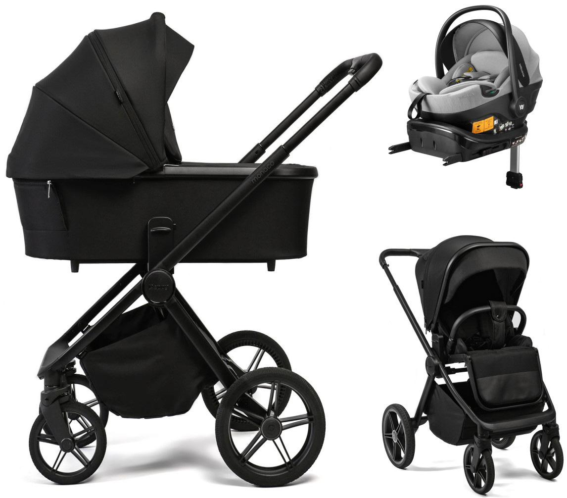 Детская коляска Peppy Monaco Plus 4 в 1 с автокреслом Welldon Crown 2 Grey и базой Black (черный), рама черная