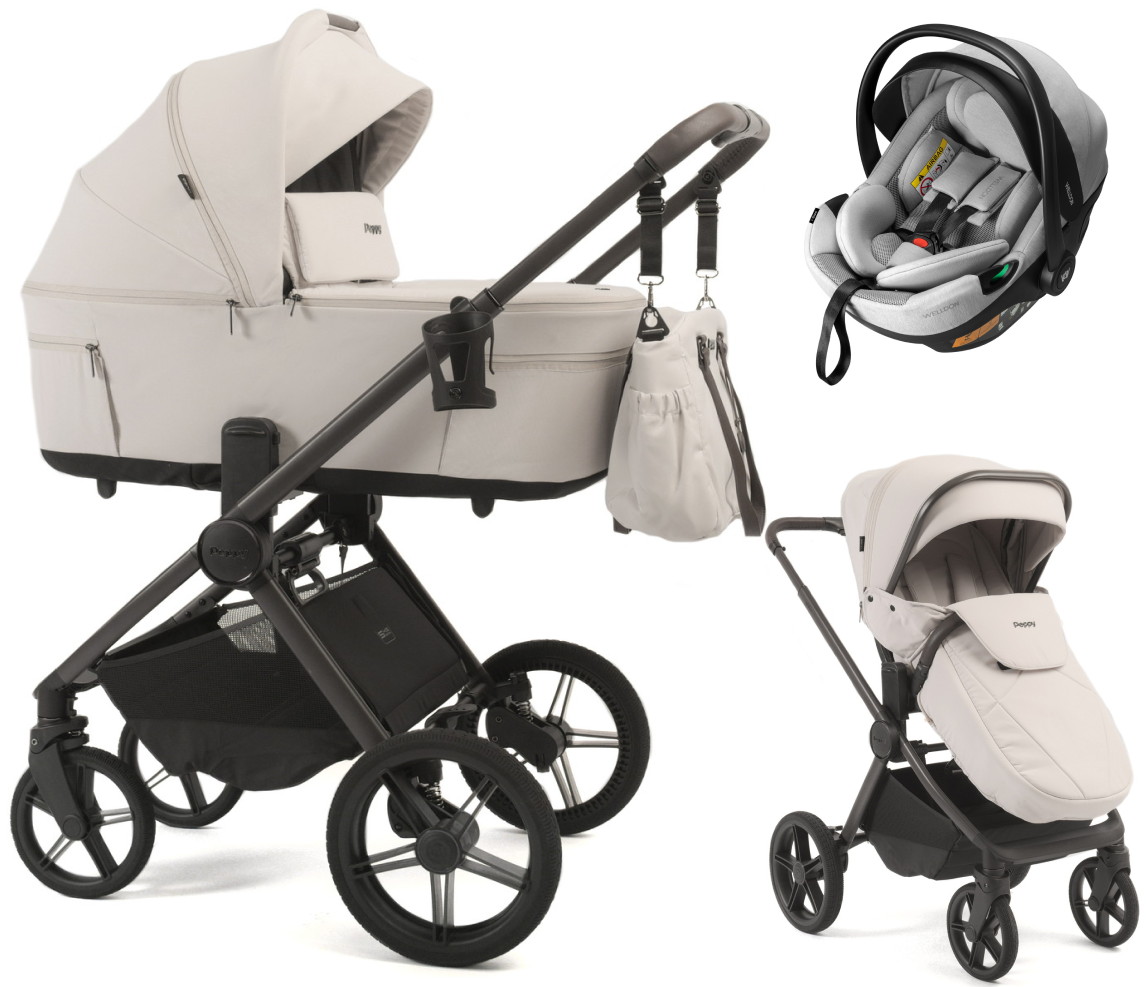 Детская коляска Peppy Soho 3 в 1 с автокреслом Welldon Crown 2 Grey Taupe (бежевый), рама серо-бежевый