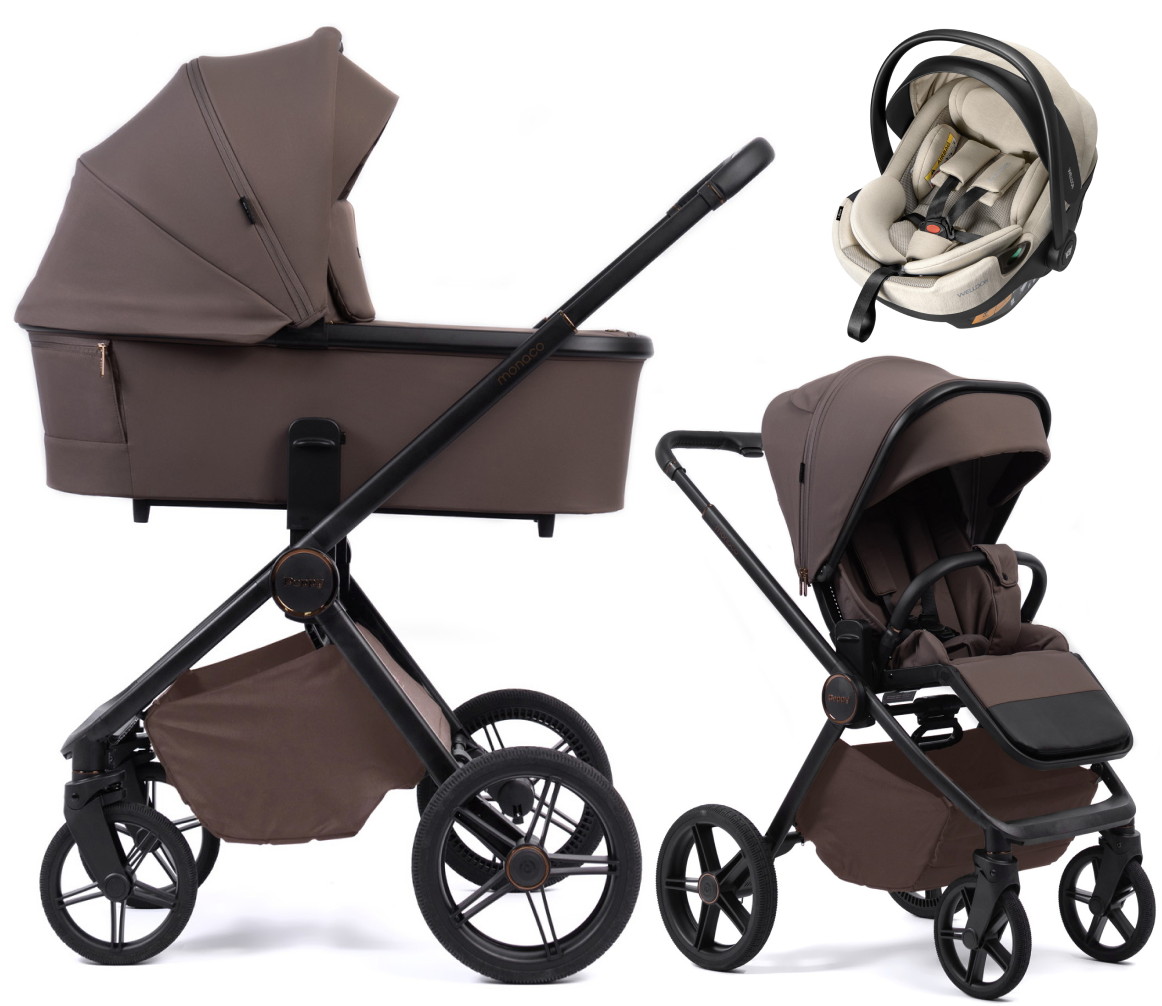 Детская коляска Peppy Monaco Plus 3 в 1 с автокреслом Welldon Crown 2 Beige Brownie (коричневый), рама черная