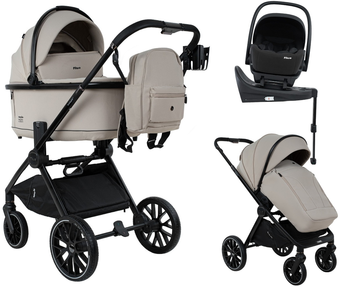 Детская коляска Pituso Mayla Plus 4 в 1 с автокреслом Baesa Black и базой Beige/Black