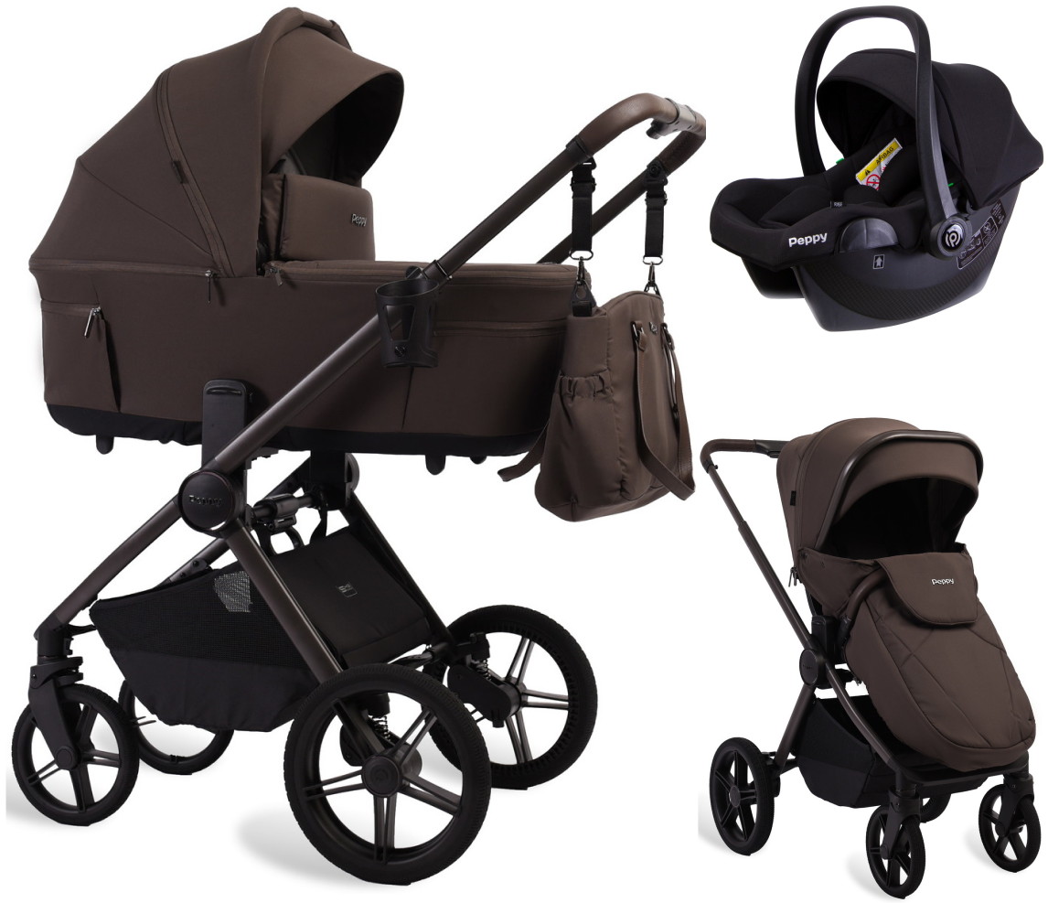Детская коляска Peppy Soho 3 в 1 с автокреслом Rise Black Brown (коричневый), рама серо-бежевый