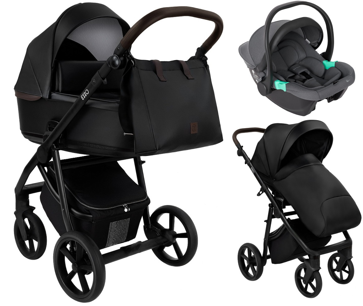Детская коляска Roan Esso Кожа 3 в 1 с автокреслом Pituso Santiso Pro Graphite ESSK/210/1 Black /Black/руч.Тем.коричневый